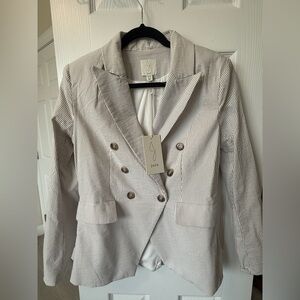 Joie Double-Breasted Pinstripe Blazer in Light Gray and White